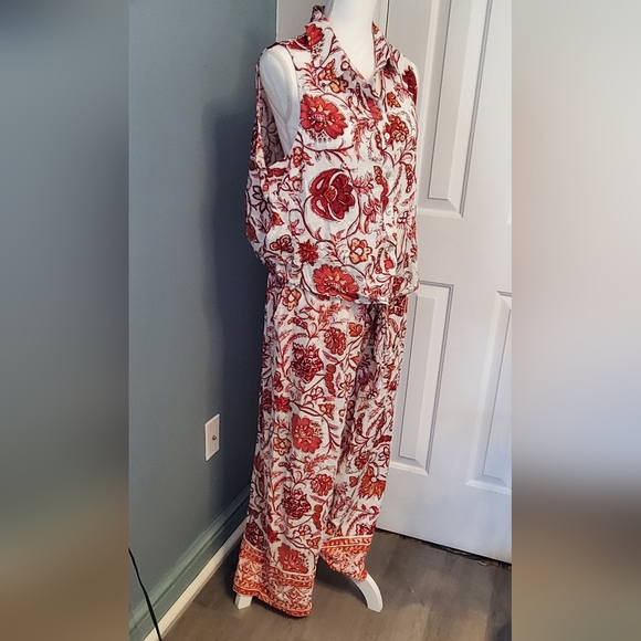 Nicole Miller Red and White Floral Linen/Rayon Pantsuit. XL. - Picture 8 of 16